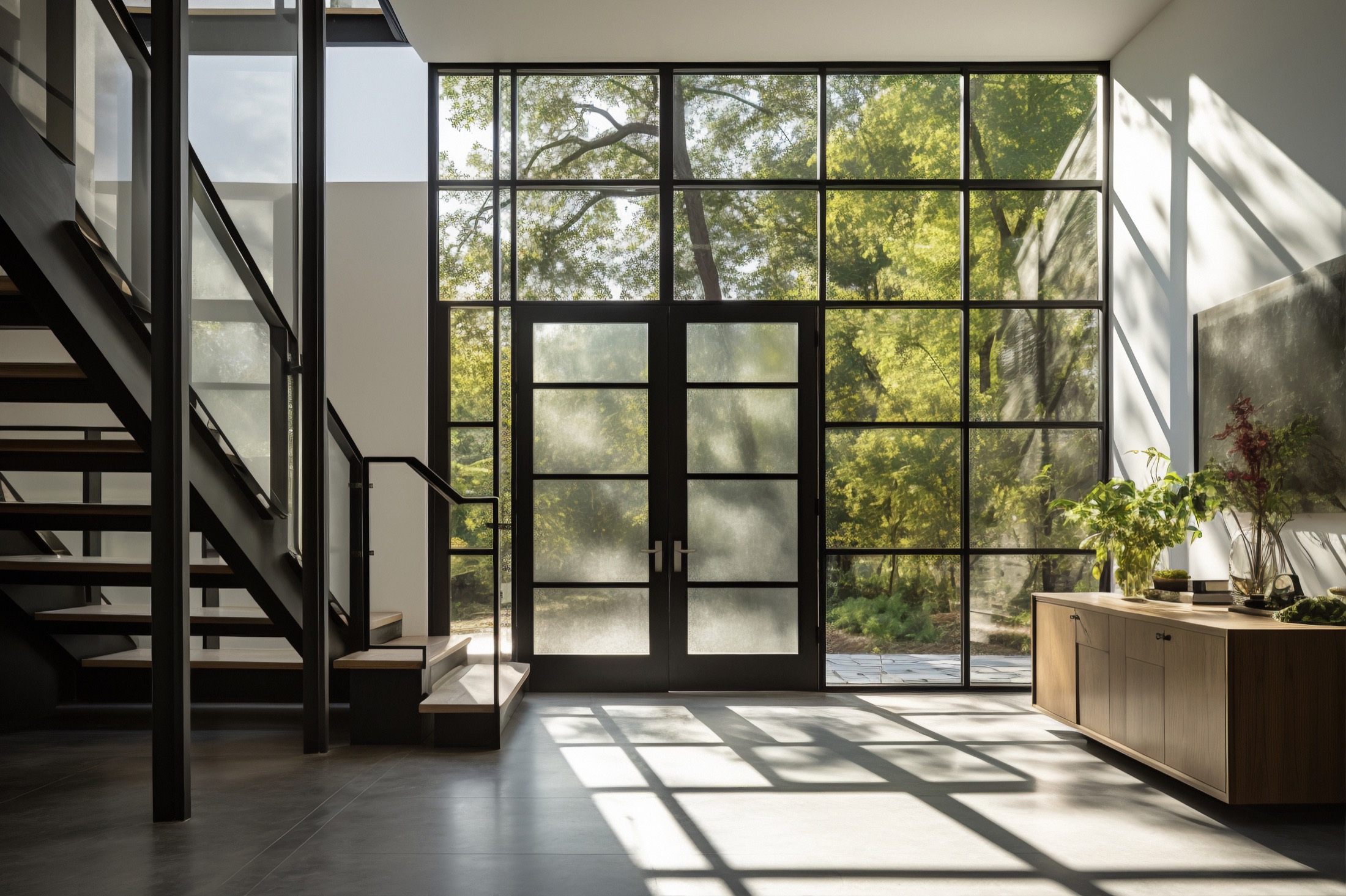 Large black-framed windows